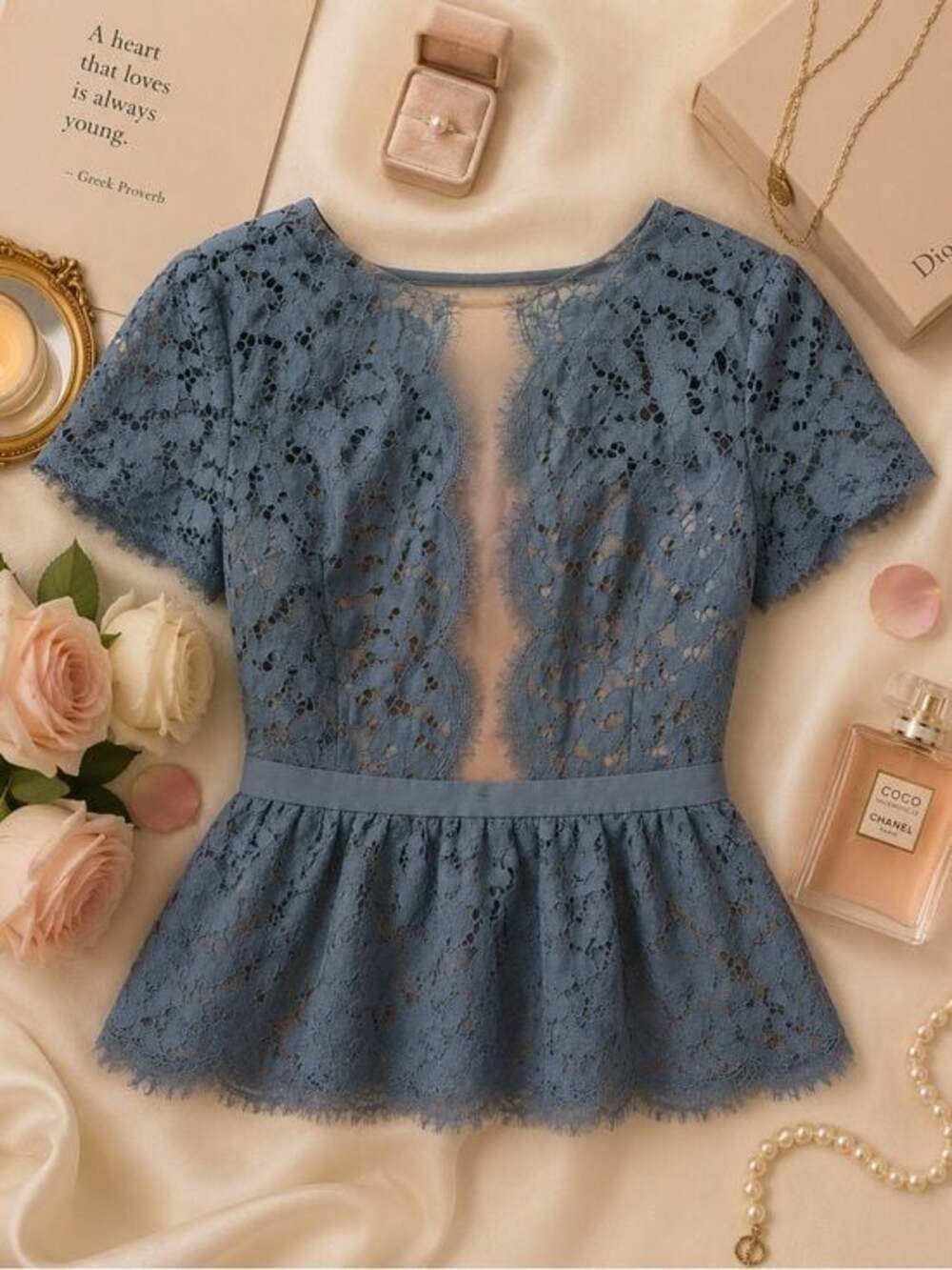 Gorgeous BCBG Lilia Scallop Lace Peplum Shadow Blue Top Coquette Romantic XS - Picture 2 of 8